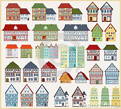 Set of vector houses and buildings in European style on a light background. Vector Illustration